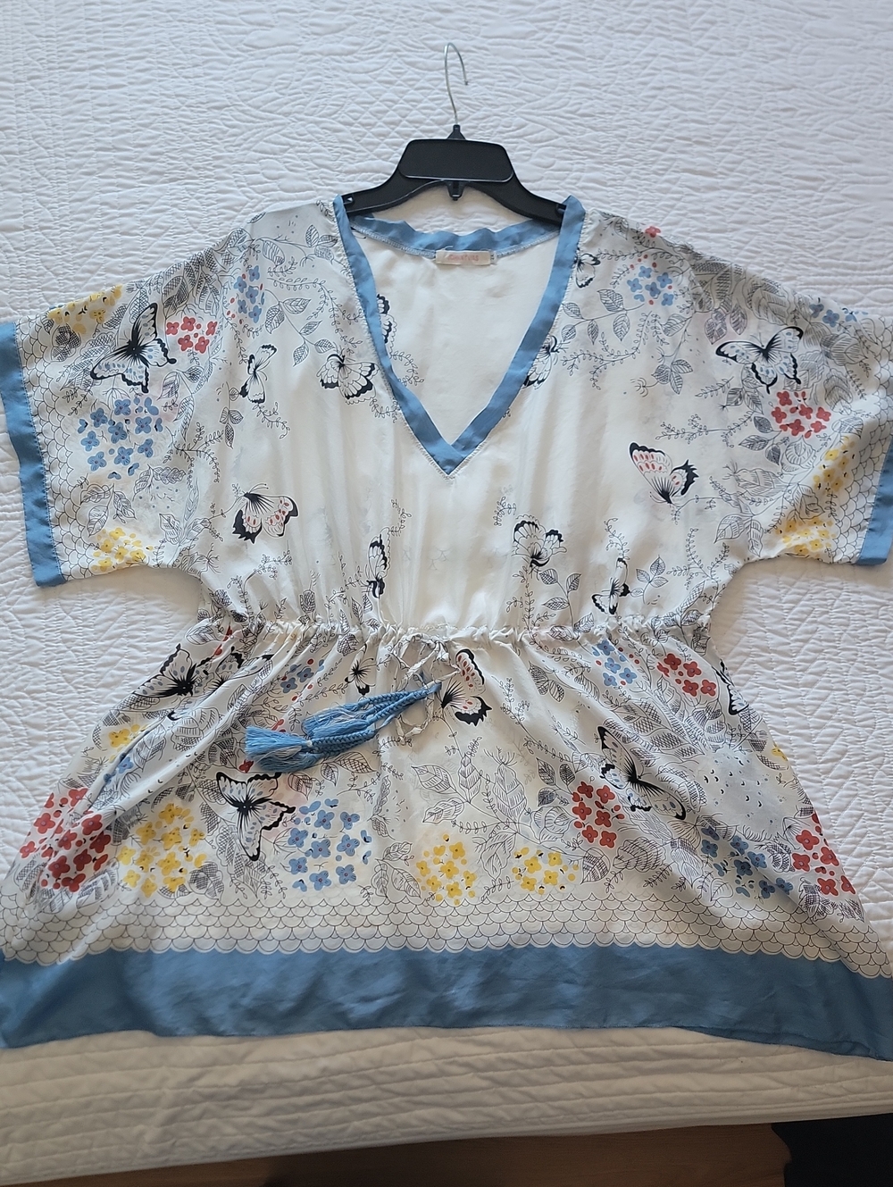 Johnny Was Off White with Light Blue Trim Silk Tunic Coverup With Pockets
